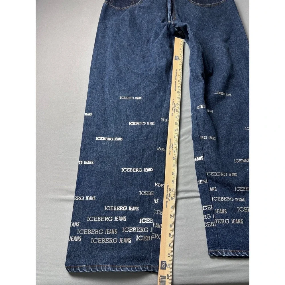 VTG‎ Iceberg Jeans Mens 36x32 Dark Wash Logo Print Wide Leg Denim Made in Italy